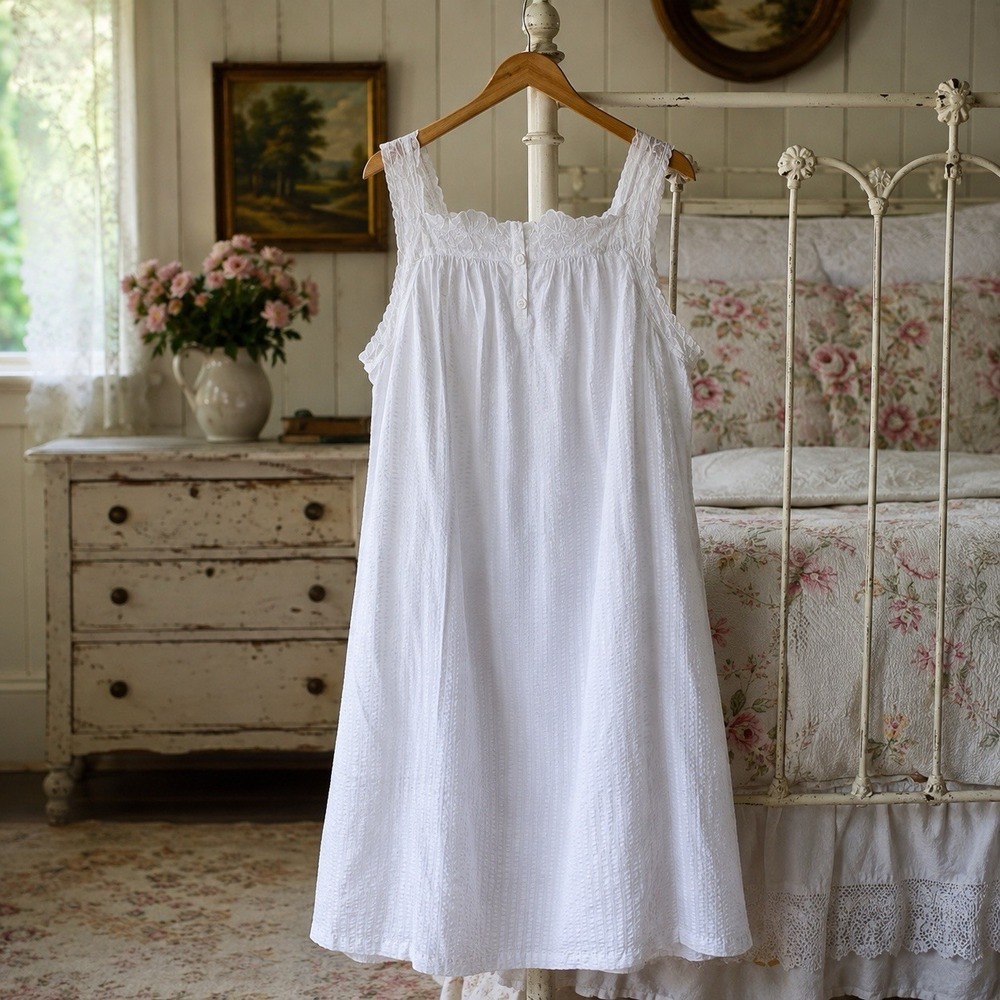 Croft & Barrow Nightgown Cotton Blend Cottage Country Dainty White Floral Trim S